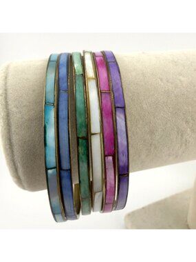 Vintage Mother Of Pearl Inlay Brass Bangle Set of 6 Pink Purple Blue Green Aqua